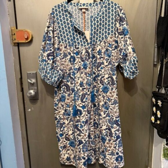 Retro Puff Sleeve Blue Bohemian Floral Tassel Tie Dress - Picture 3 of 16